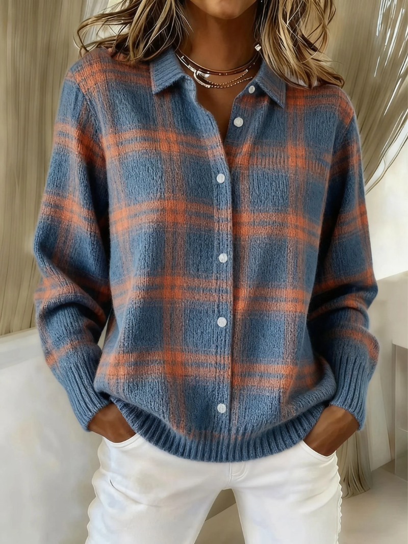 Blouse à carreaux tricot bleu et orange, boutonnée sur le devant, manches longues