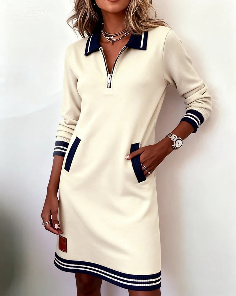 Robe crème à manches longues, col polo contrasté et fermeture éclair courte