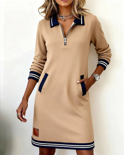 Robe beige à manches longues, col polo contrasté, poches plaquées et patte