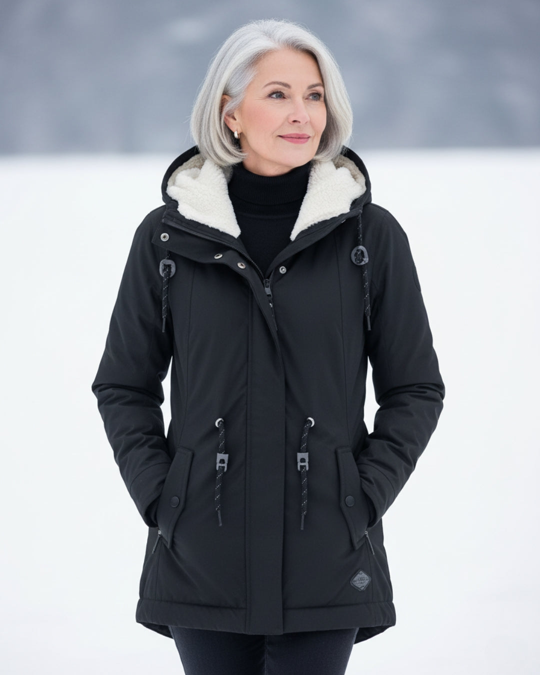Parka réversible noire : capuche doublée, fermeture zippée, poches zippées, boutons.