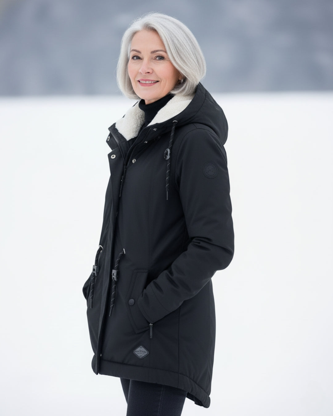 Parka réversible noire, capuche doublée, fermeture zippée, poches zippées sur le devant.