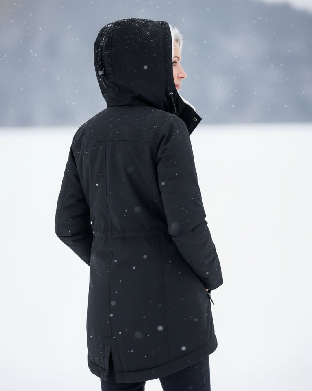 Parka réversible noire, vue de dos : capuche, couture verticale, poches, fermeture centrale.