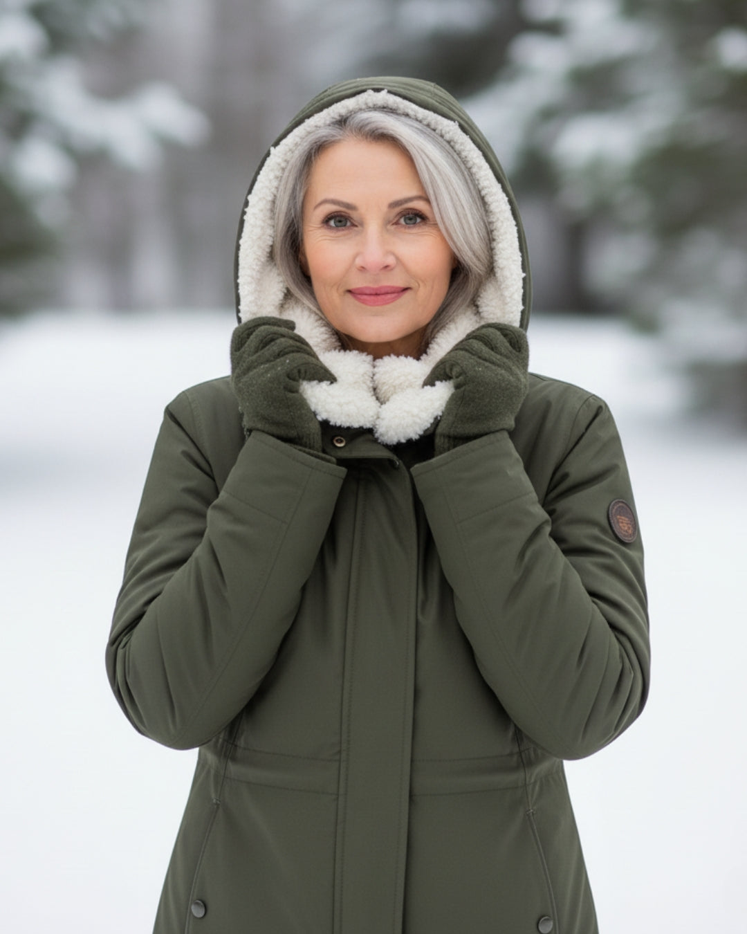 Parka réversible verte, capuche doublée en blanc, cordon de serrage, fermeture zippée.