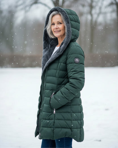 Manteau d’hiver matelassé vert foncé avec capuche et doublure polaire grise