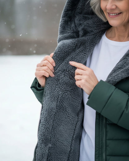 Détail du manteau : doublure polaire gris bouclé et bord de capuche