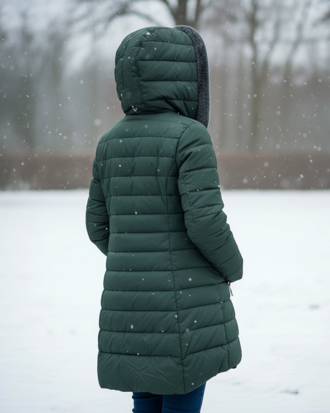 Manteau d’hiver vert foncé, capuche zippée et longueur mi-cuisse