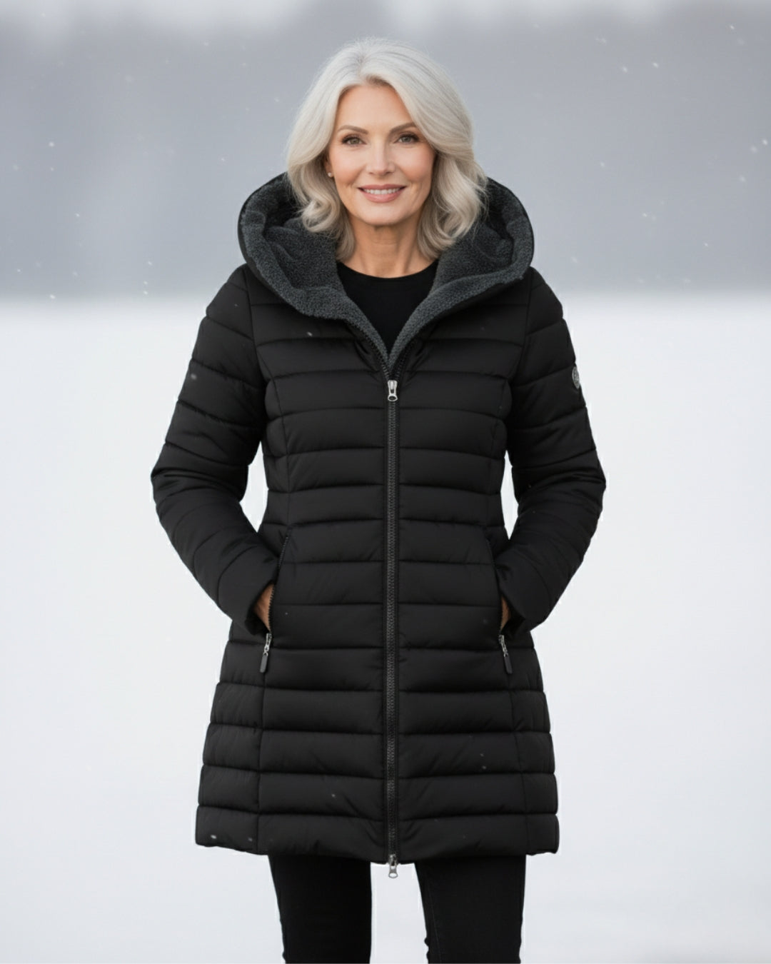 Manteau d’hiver matelassé noir à capuche, fermeture zippée et poches latérales