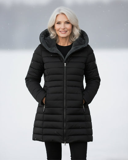 Manteau d’hiver matelassé noir à capuche, fermeture zippée et poches latérales