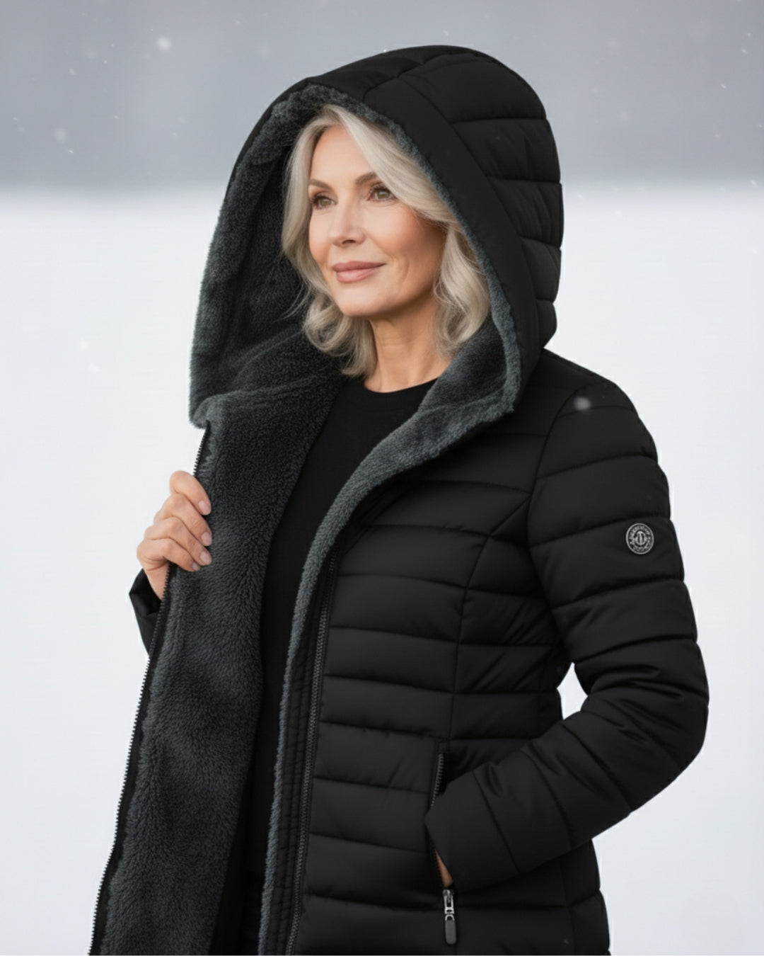 Manteau d’hiver noir à capuche, doublure polaire grise épaisse