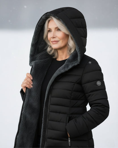 Manteau d’hiver noir à capuche, doublure polaire grise épaisse