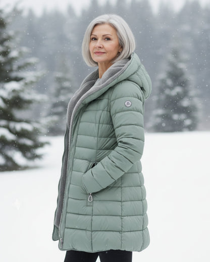 Manteau d’hiver vert clair matelassé avec capuche doublée de polaire grise