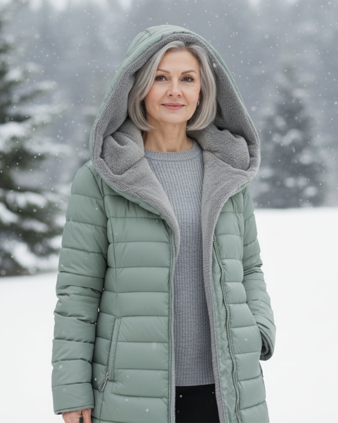 Manteau d’hiver vert clair avec capuche, doublure polaire et fermeture éclair