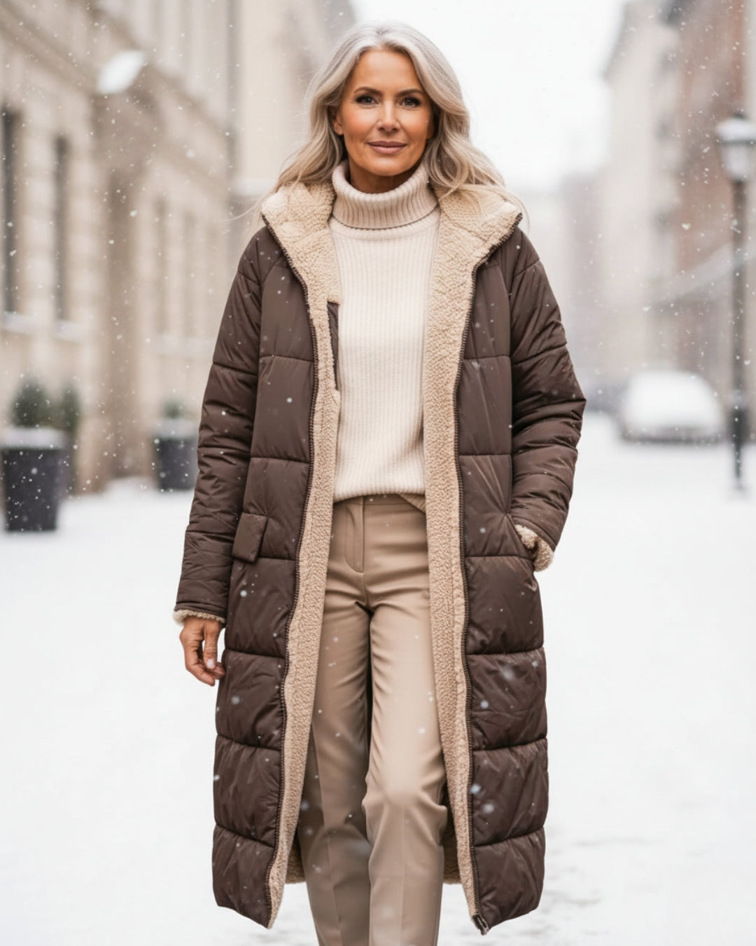 Manteau réversible marron, col en fausse fourrure beige, fermeture boutonnée