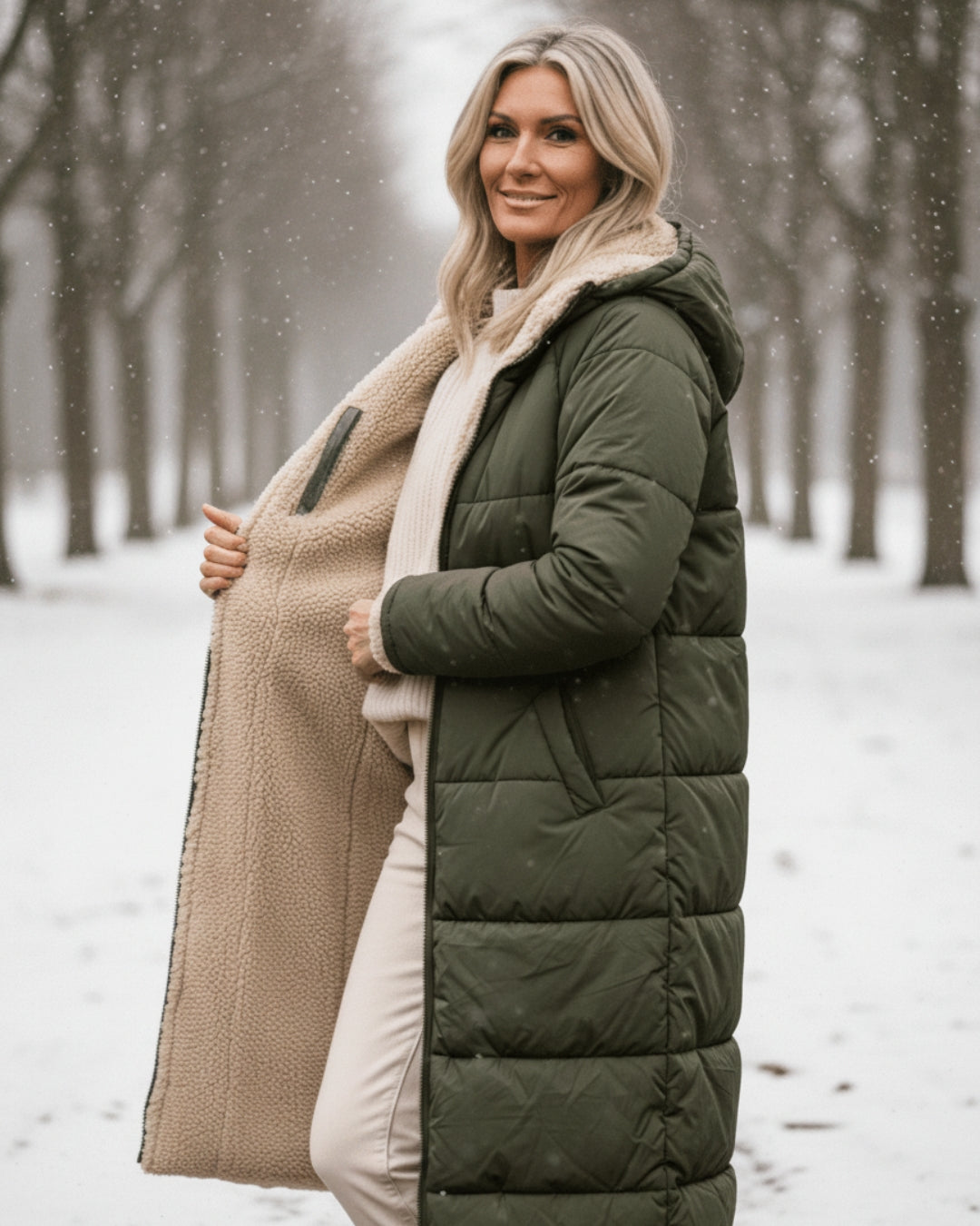 Manteau réversible matelassé à capuche, face extérieure vert olive, doublure beige en fausse fourrure.