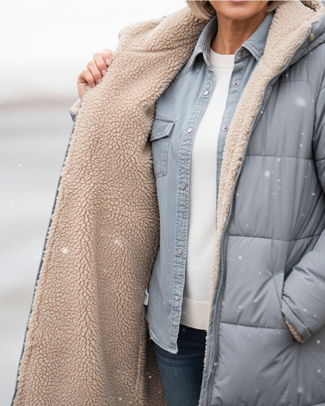 Manteau réversible à capuche, effet sherpa beige, revers zippé sur doudoune grise.