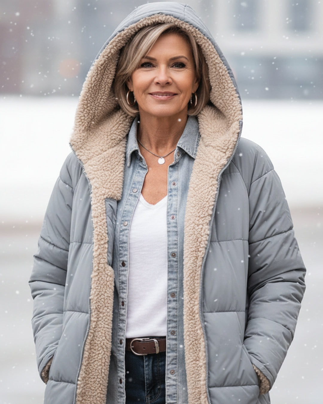 Manteau réversible à capuche sherpa beige sur doudoune grise, fermeture zippée.