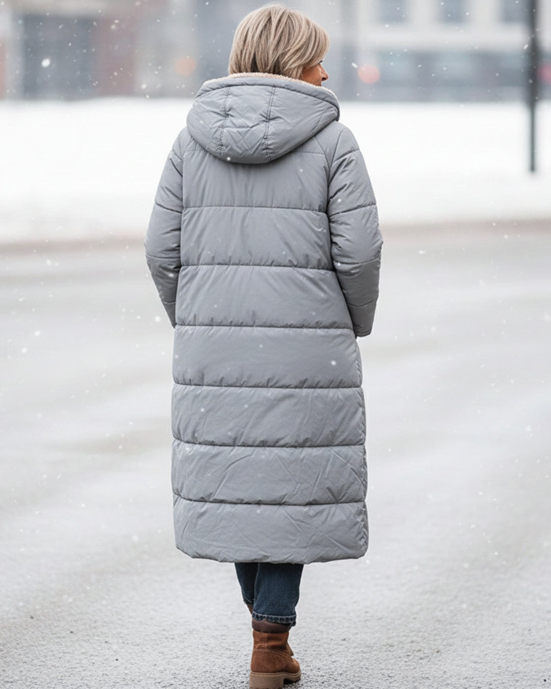 Manteau réversible à capuche, dos long en doudoune grise, bord sherpa beige.