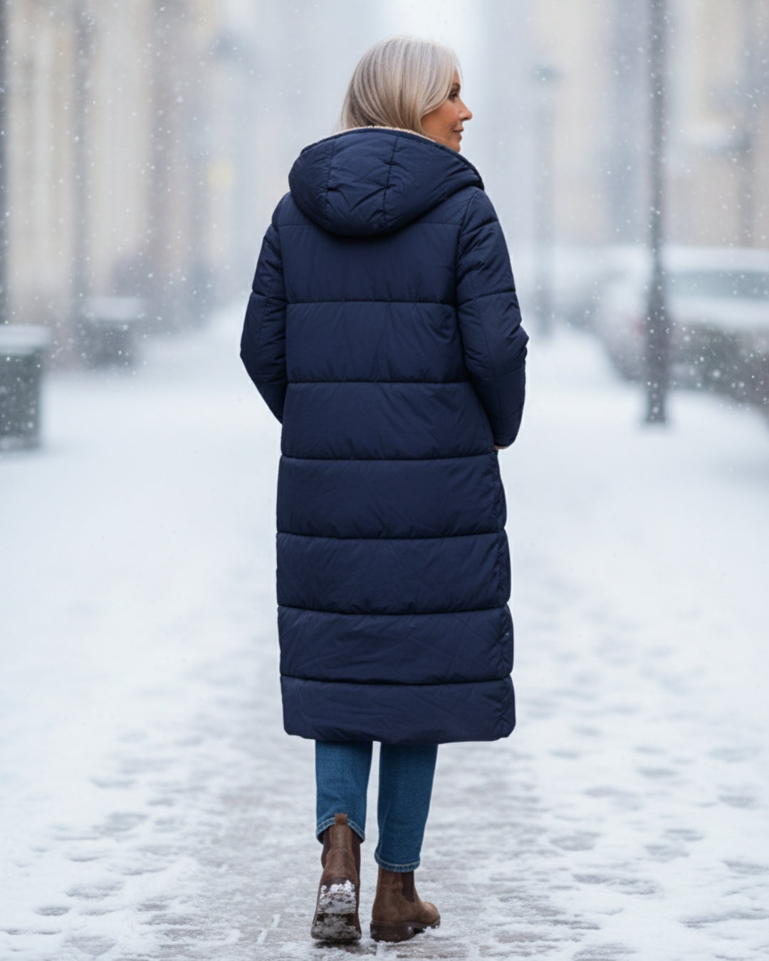 Manteau réversible dos en doudoune bleu marine, capuche doublée sherpa beige.