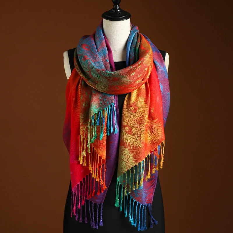 Écharpe en cachemire à motifs multicolores orange, bleu et franges