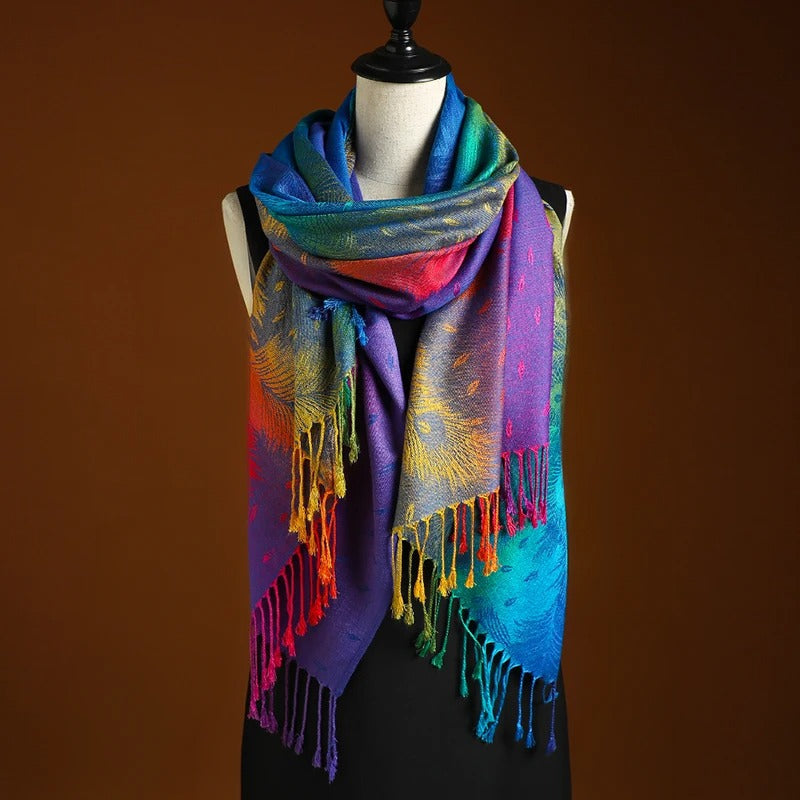 Écharpe en cachemire motifs arc-en-ciel bleu, vert, violet, franges