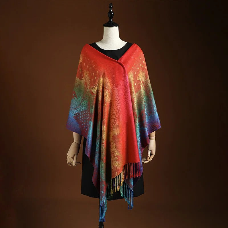 Écharpe en cachemire motifs multicolores rouge, jaune, bleu avec franges