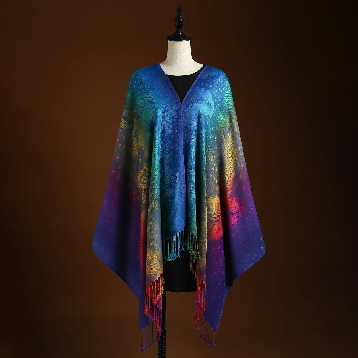 Écharpe en cachemire bleu roi à motifs colorés et franges