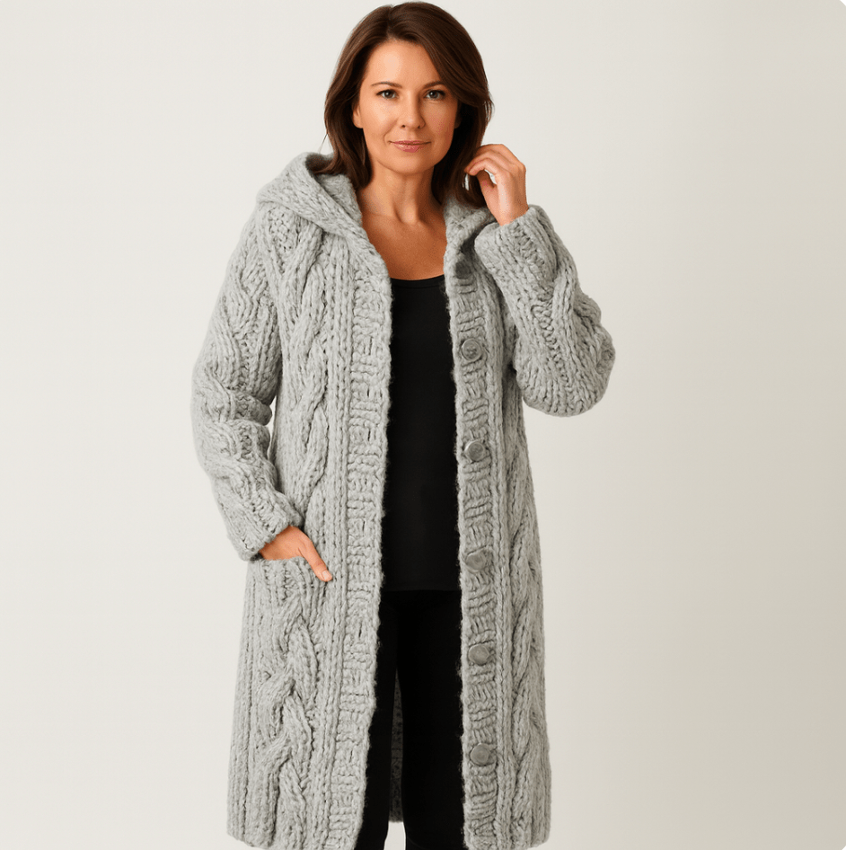 Manteau tricoté élégant gris clair à capuche, patte boutonnée et torsades