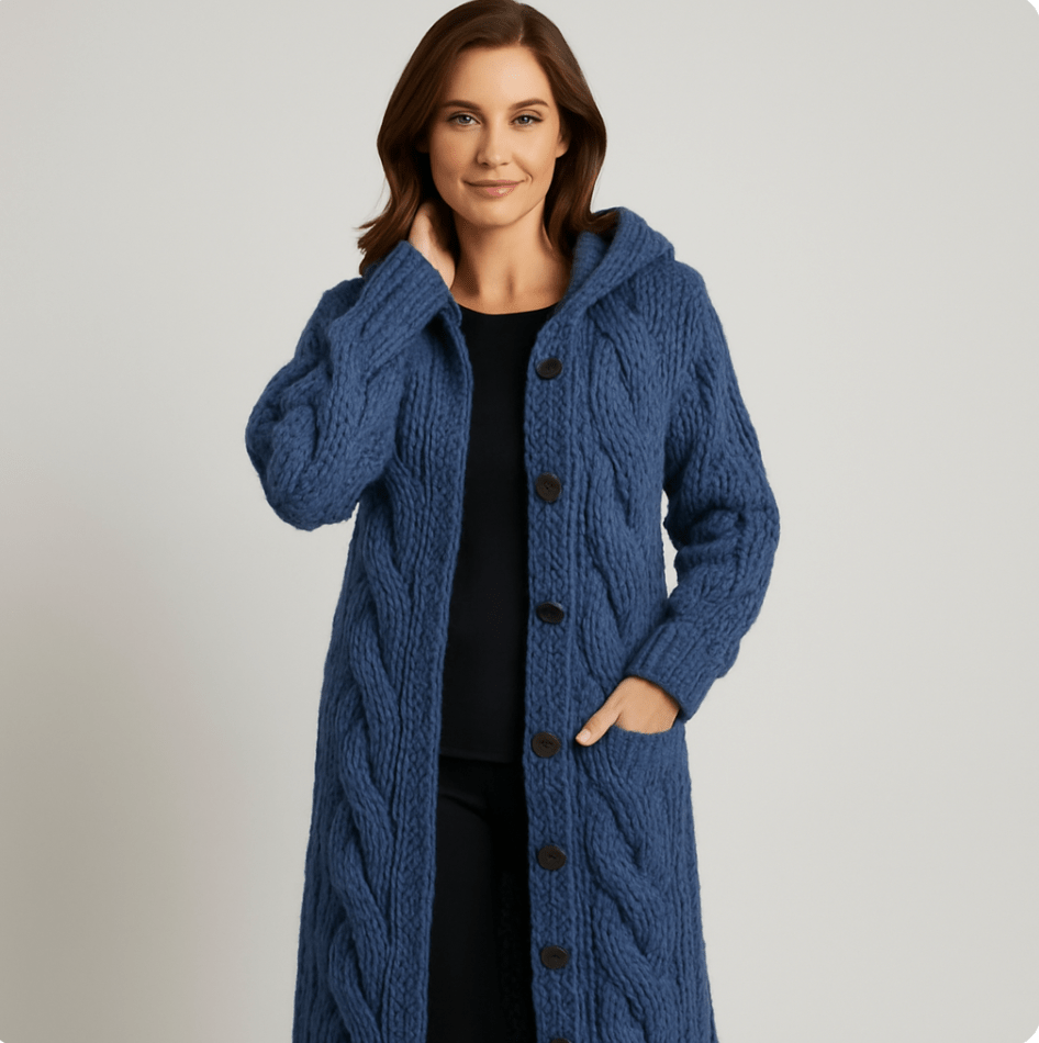 Manteau tricoté élégant bleu à capuche, fermeture à boutons et côtes torsadées