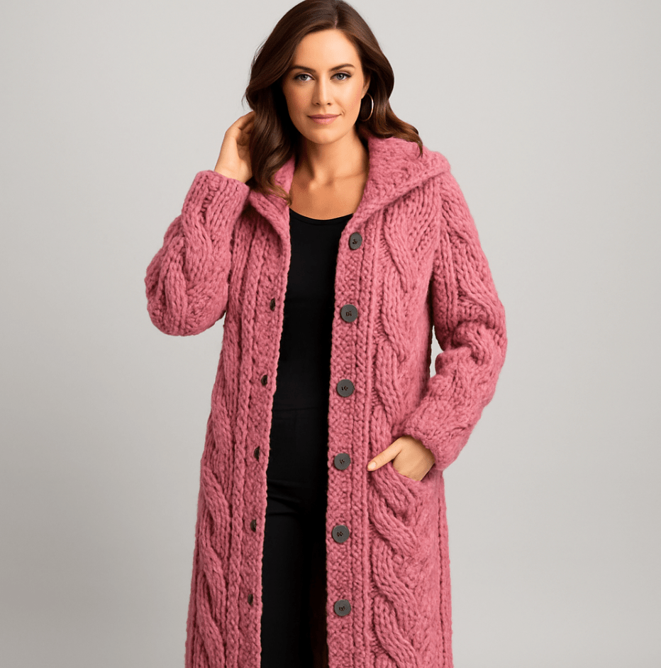 Manteau tricoté élégant rose à capuche, patte boutonnée et tressage torsadé