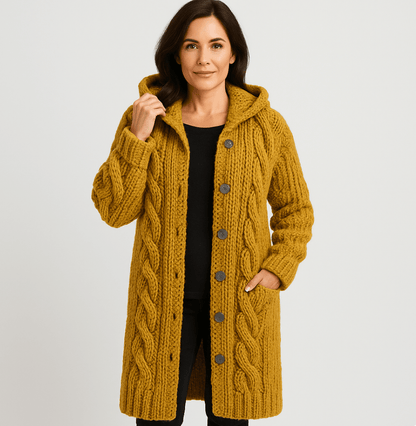 Manteau tricoté élégant jaune à capuche, boutonnage central et maille en torsades