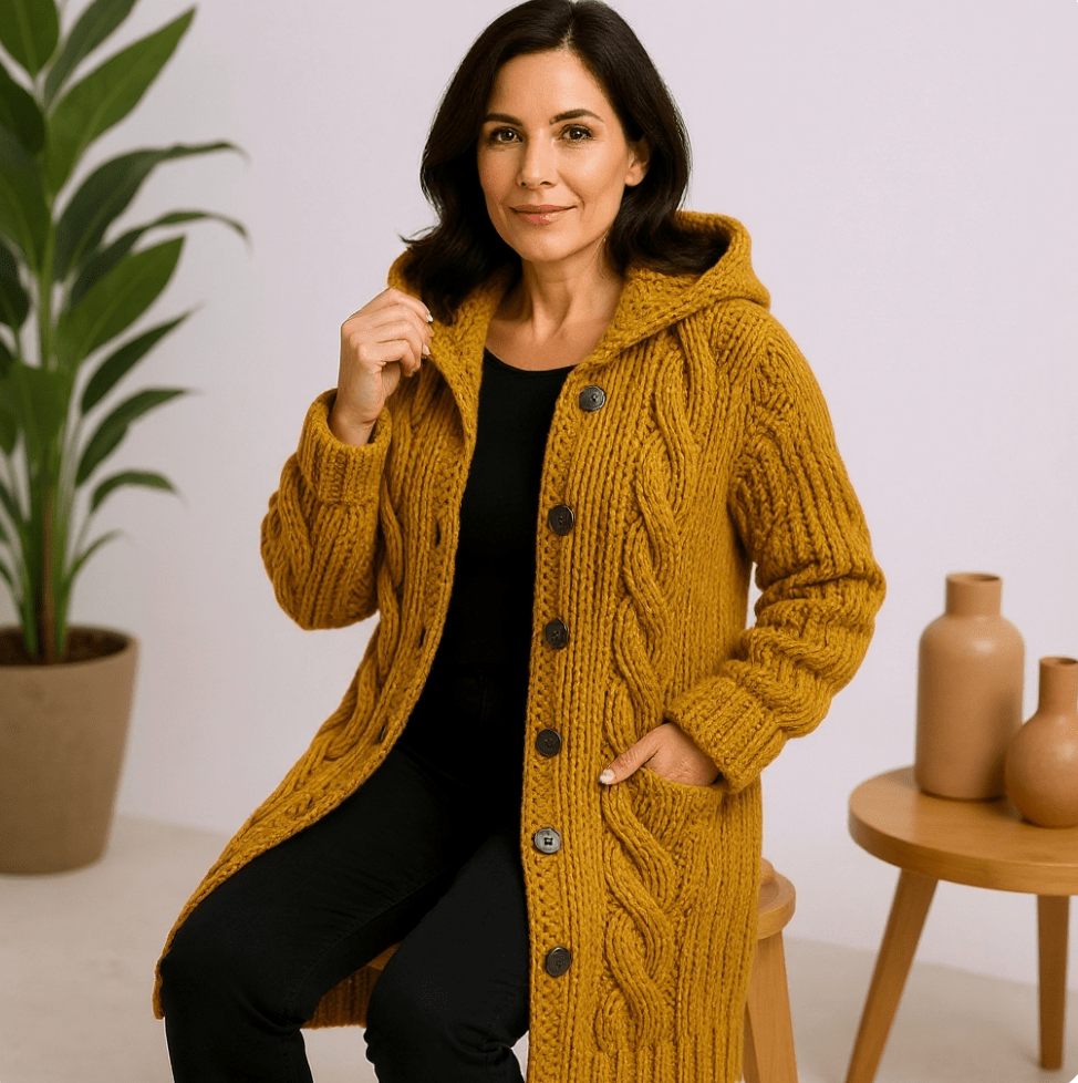 Manteau tricoté élégant jaune à capuche, boutons sur la patte et motifs torsadés