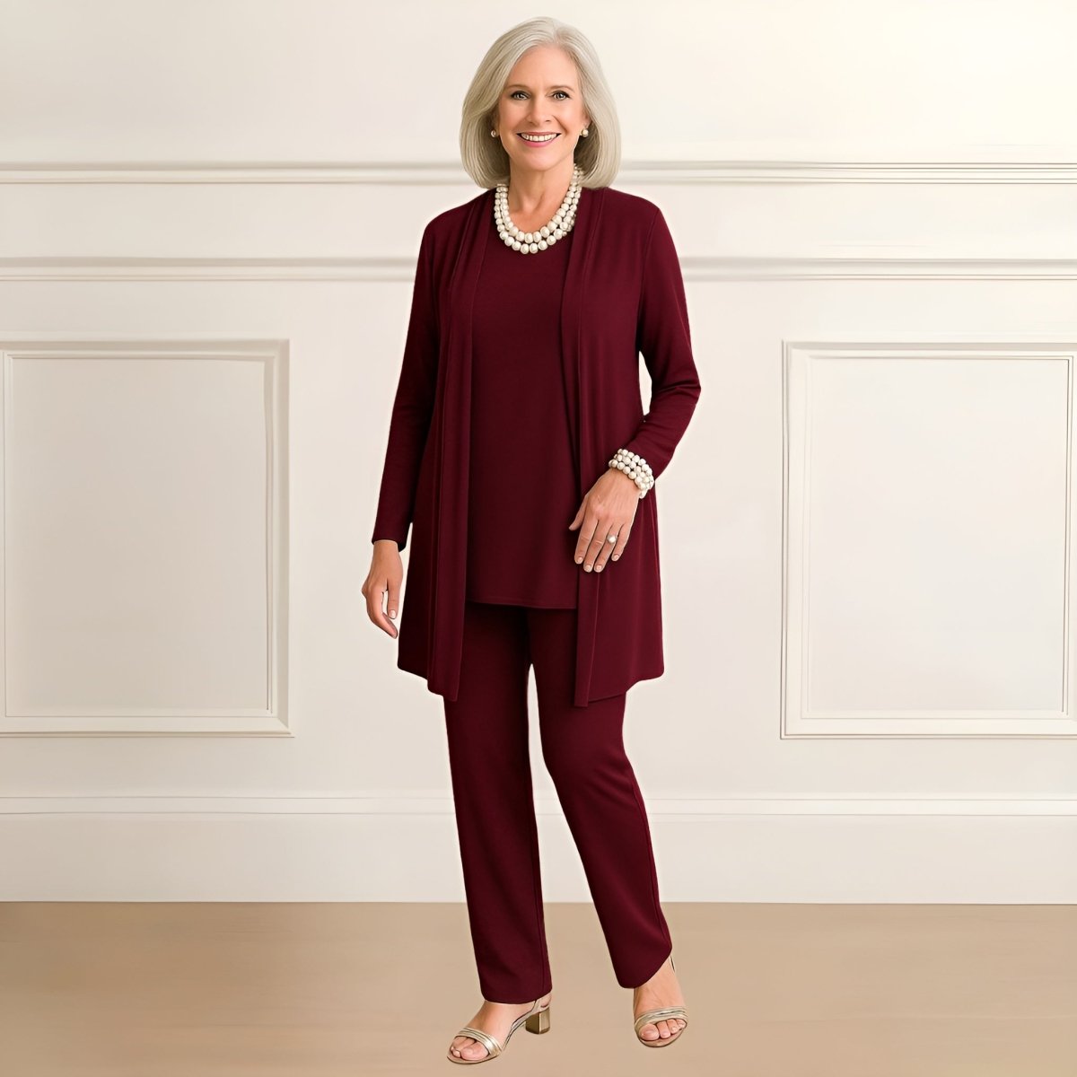 Ensemble 3 pièces bordeaux : veste mi-longue, haut manches longues, pantalon long