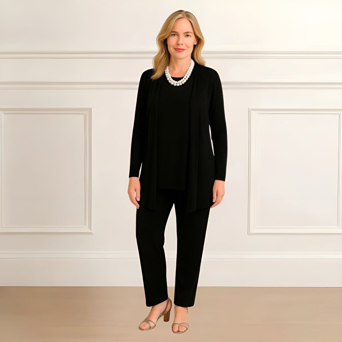 Ensemble 3 pièces noir : veste fluide, haut manches longues, pantalon long