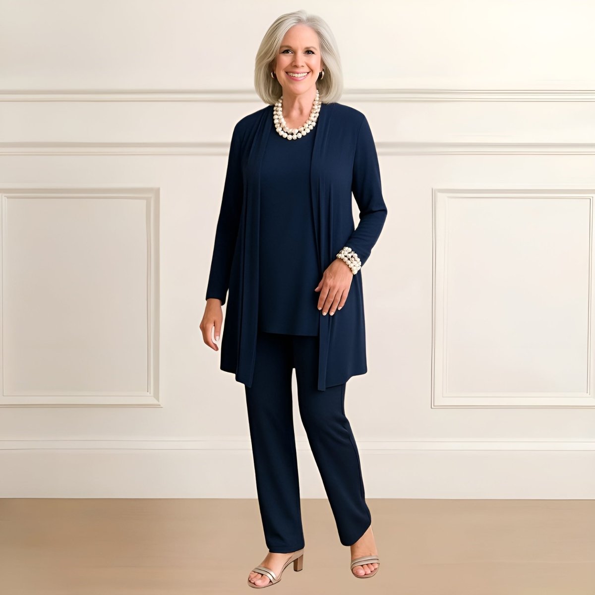 Ensemble 3 pièces bleu marine : veste mi-longue, haut manches longues, pantalon long