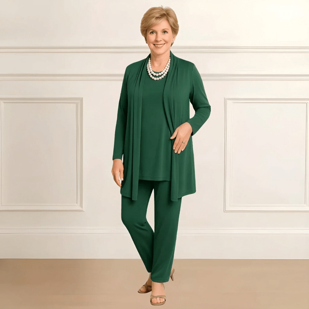 Ensemble 3 pièces vert : veste ouverte, haut manches longues, pantalon long