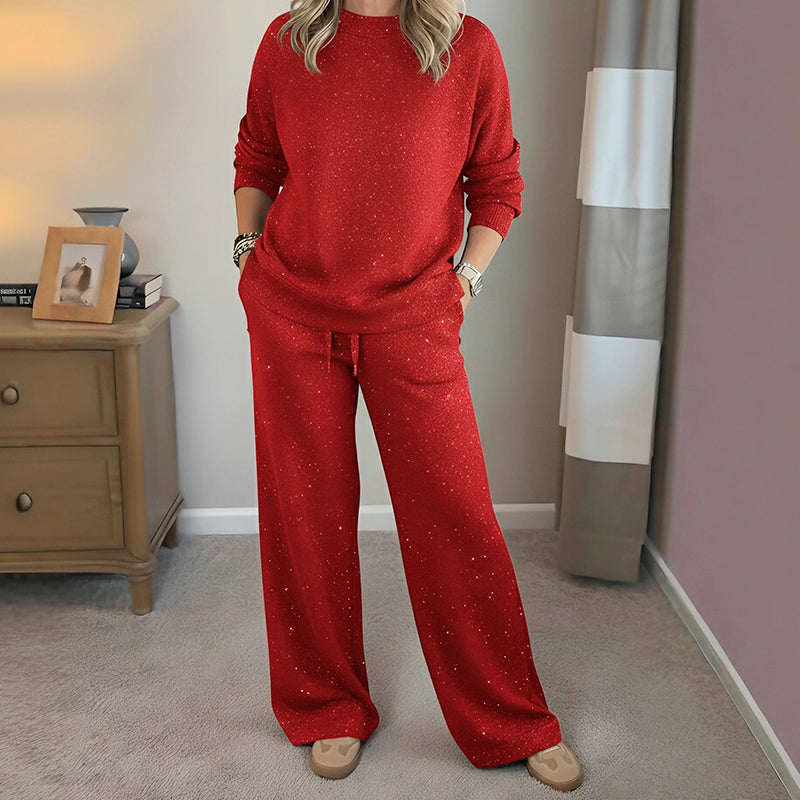 Ensemble pull et pantalon pailletés rouge, manches longues, pantalon évasé