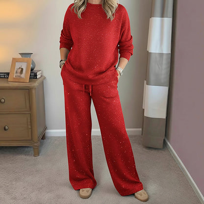 Ensemble pull et pantalon pailletés rouge, manches longues, pantalon évasé