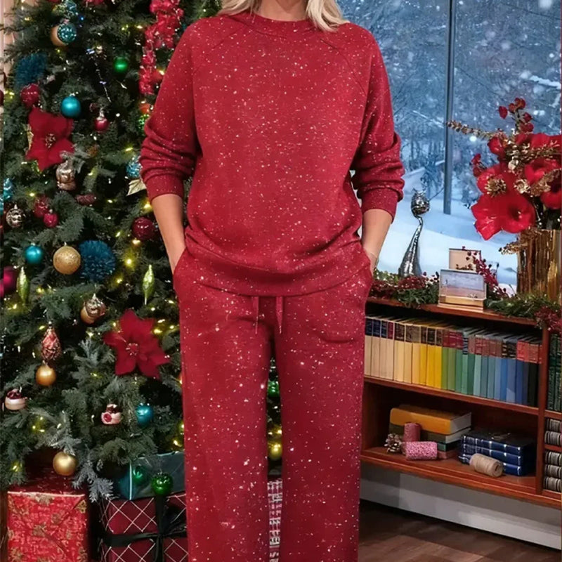 Ensemble pull et pantalon pailletés rouge, col rond et manches longues, bas droit