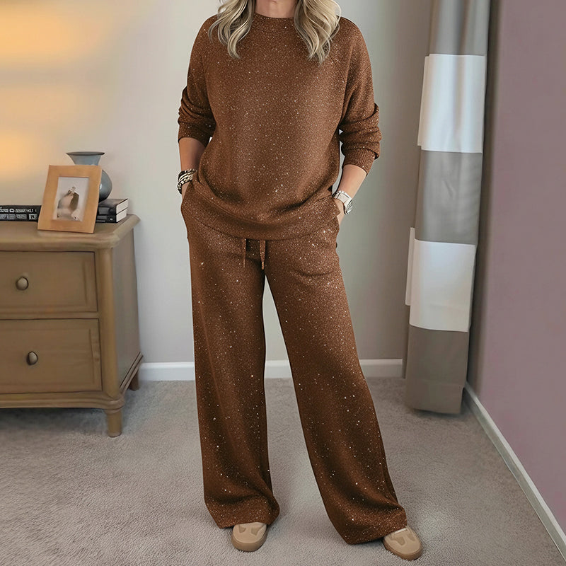 Ensemble hivernal pailleté marron, pull manches longues et pantalon évasé
