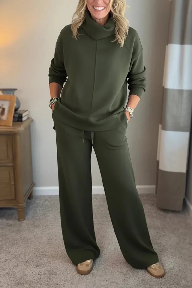 Ensemble pantalon ample et haut manches trois-quarts à col cheminée vert