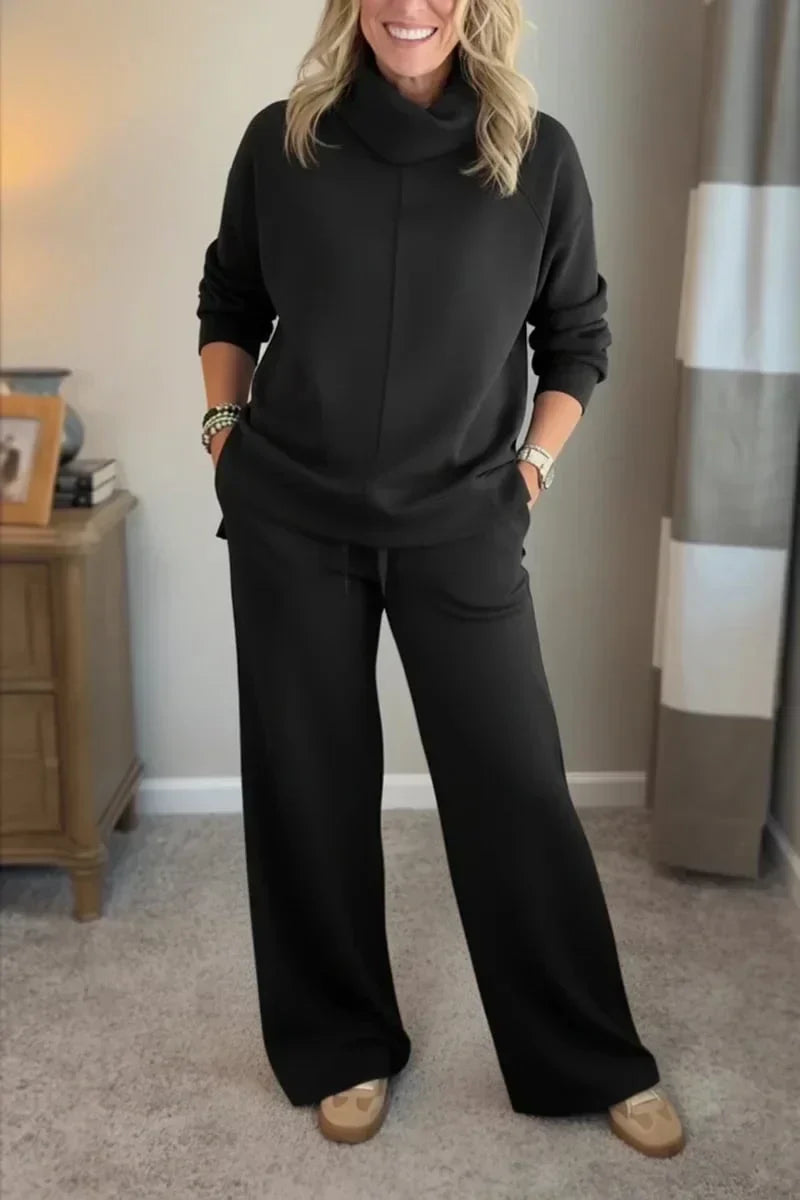 Ensemble pantalon ample et haut manches trois-quarts à col cheminée noir