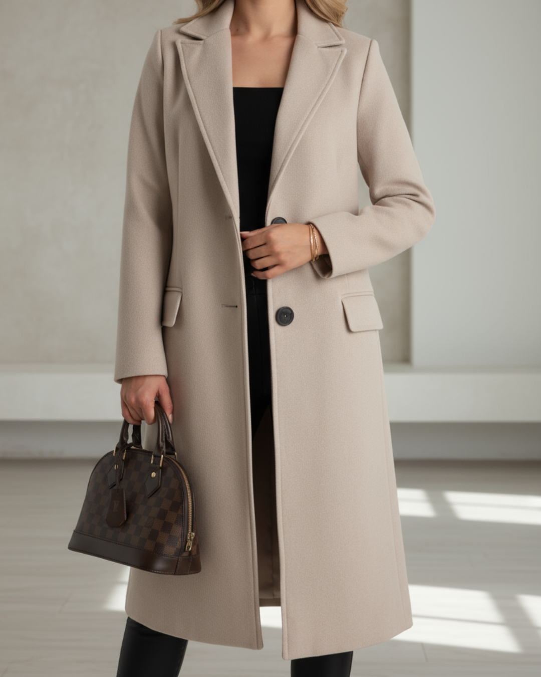 Manteau long beige à revers, poches plaquées, boutons à l’avant.