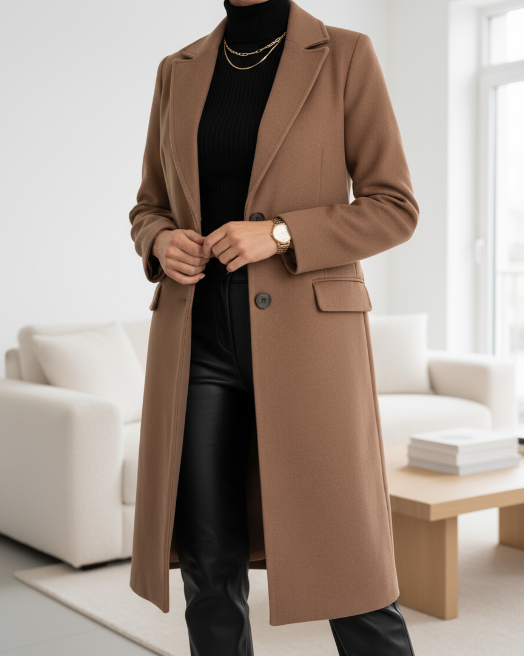 Manteau long marron à revers, fermeture boutonnée, poches latérales.