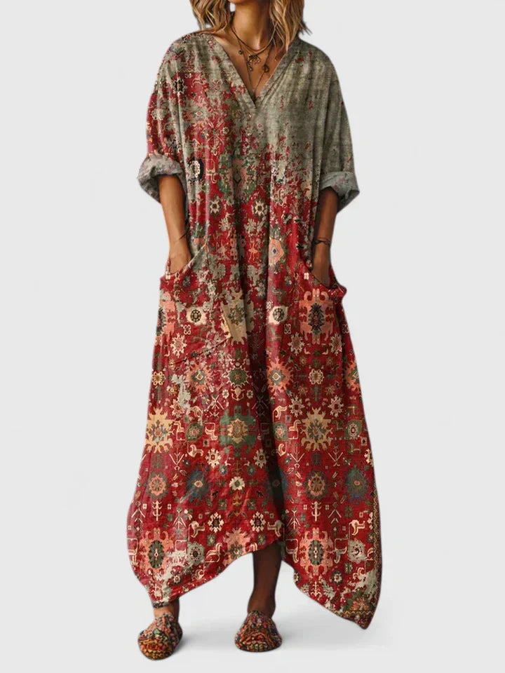 Robe élégante polyvalente rouge à motifs cachemire, col en V, poches, manches amples