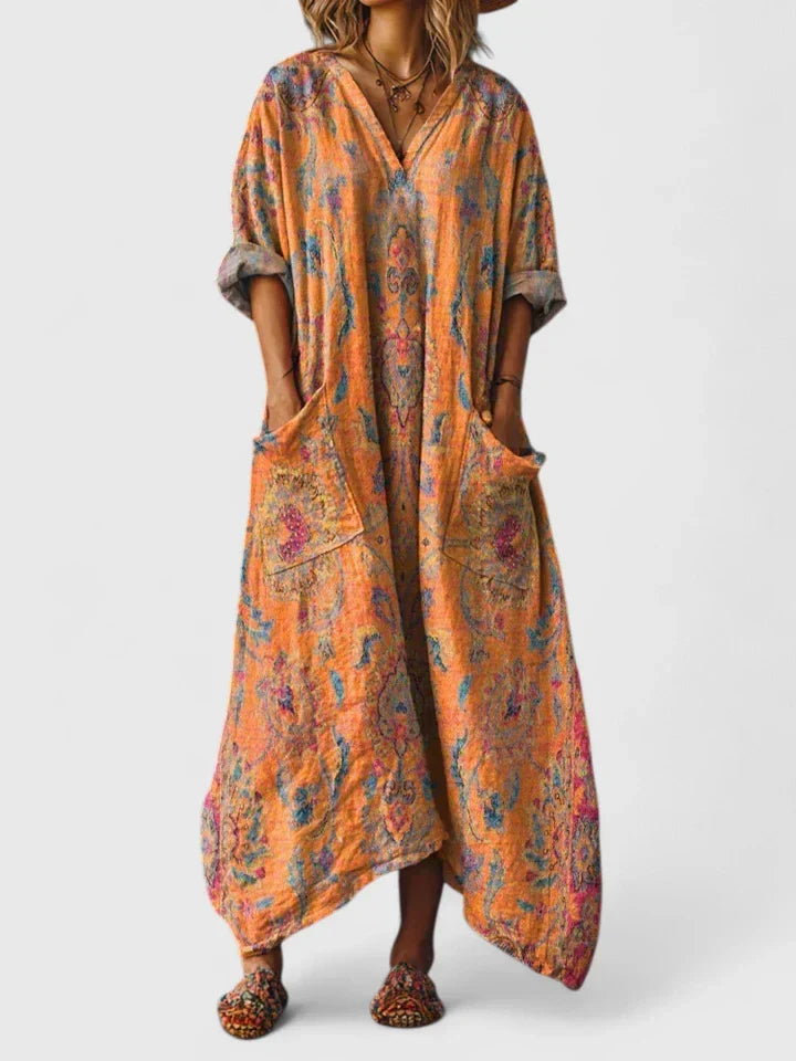 Robe élégante polyvalente orange à motifs, col en V, poches et manches amples