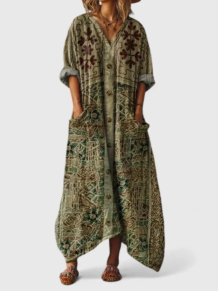 Robe élégante polyvalente vert kaki à motifs, col en V, poches, manches amples