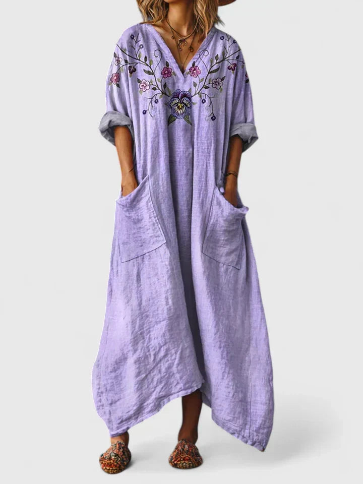 Robe élégante polyvalente lilas à fleurs brodées, col en V, poches, manches amples
