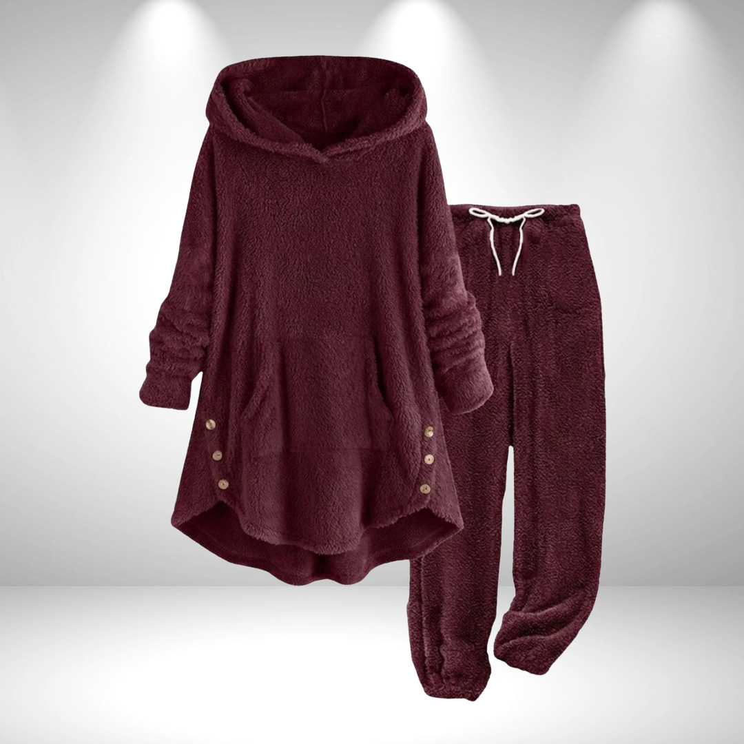 Ensemble hiver pull ample à capuche et pantalon, rouge bordeaux, boutons décoratifs