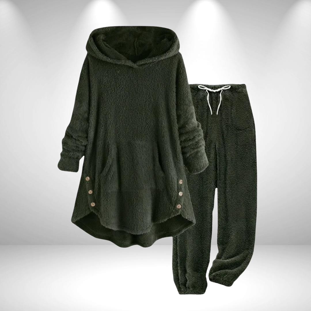 Ensemble hiver pull ample à capuche et pantalon, vert olive foncé, boutons décoratifs