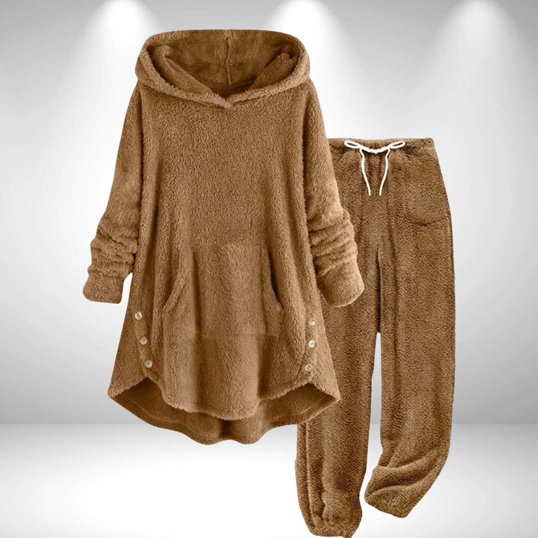Ensemble hiver pull ample à capuche et pantalon, camel, cordon de serrage